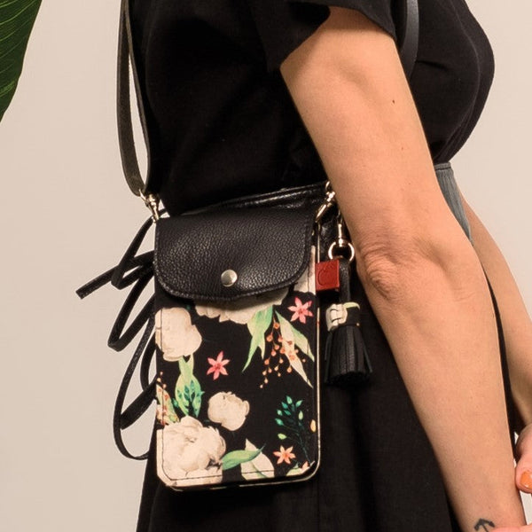 Mini sac à main noir en cuir et textile pivoine fait au Canada