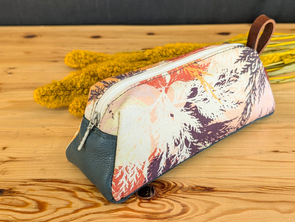 pochette à maquillage en cuir sarcelle et toile de coton